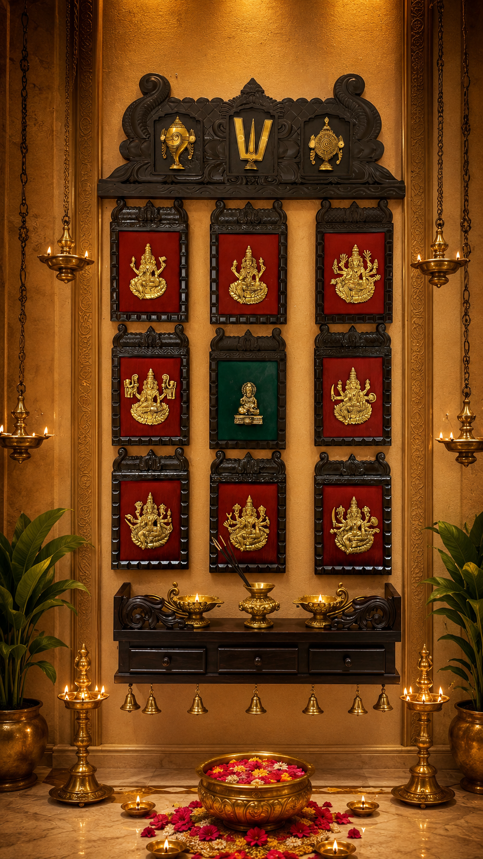 Brass Ashtalakshmi with Kuber Temple Frame | Shanku Chakra Namam Wooden Wall Pooja Shelf by ESTUDIO