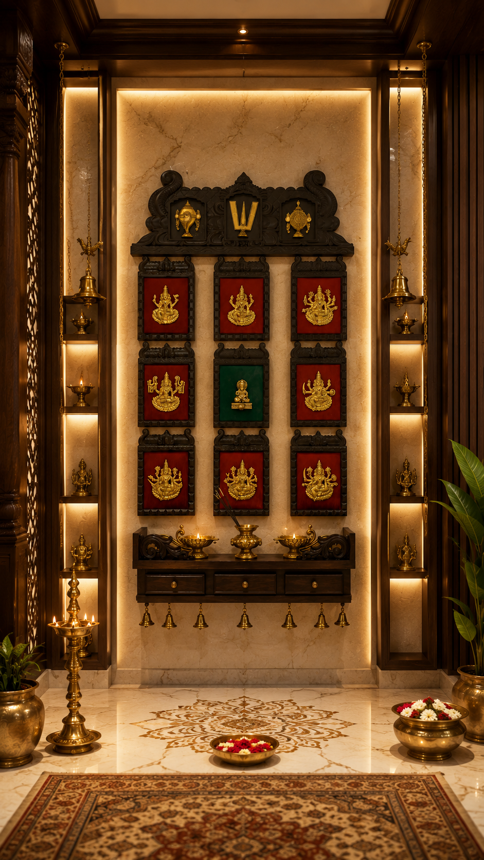 Brass Ashtalakshmi with Kuber Temple Frame | Shanku Chakra Namam Wooden Wall Pooja Shelf by ESTUDIO