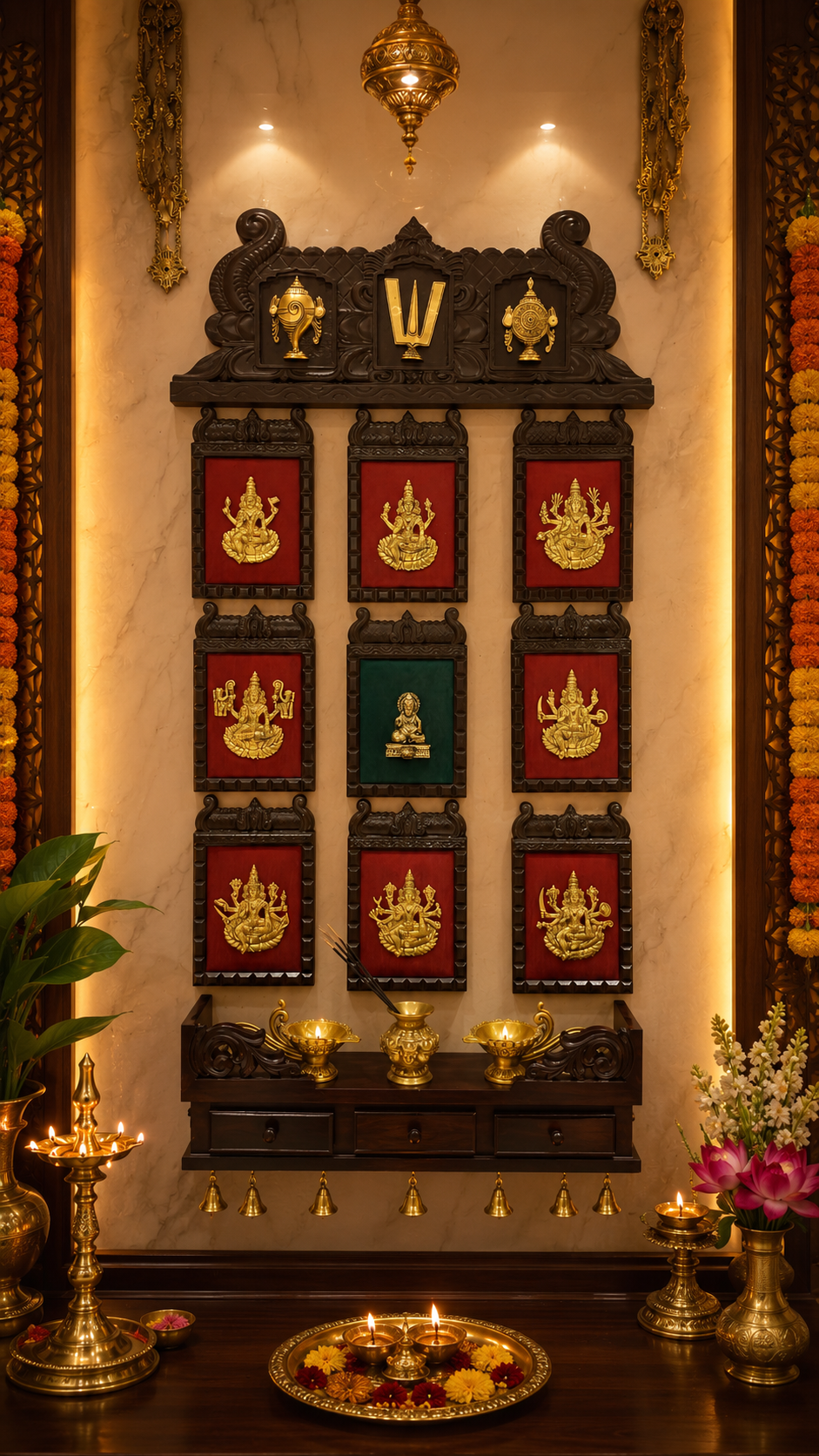 Brass Ashtalakshmi with Kuber Temple Frame | Shanku Chakra Namam Wooden Wall Pooja Shelf by ESTUDIO
