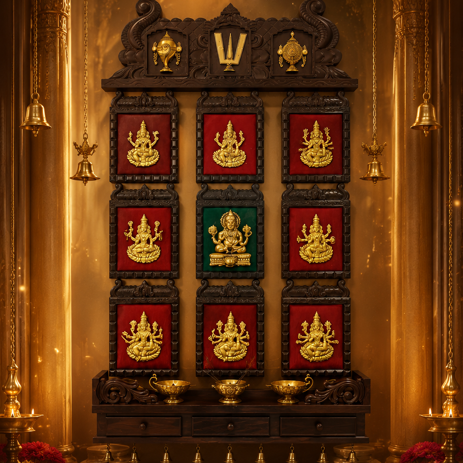 Brass Ashtalakshmi with Kuber Temple Frame | Shanku Chakra Namam Wooden Wall Pooja Shelf by ESTUDIO