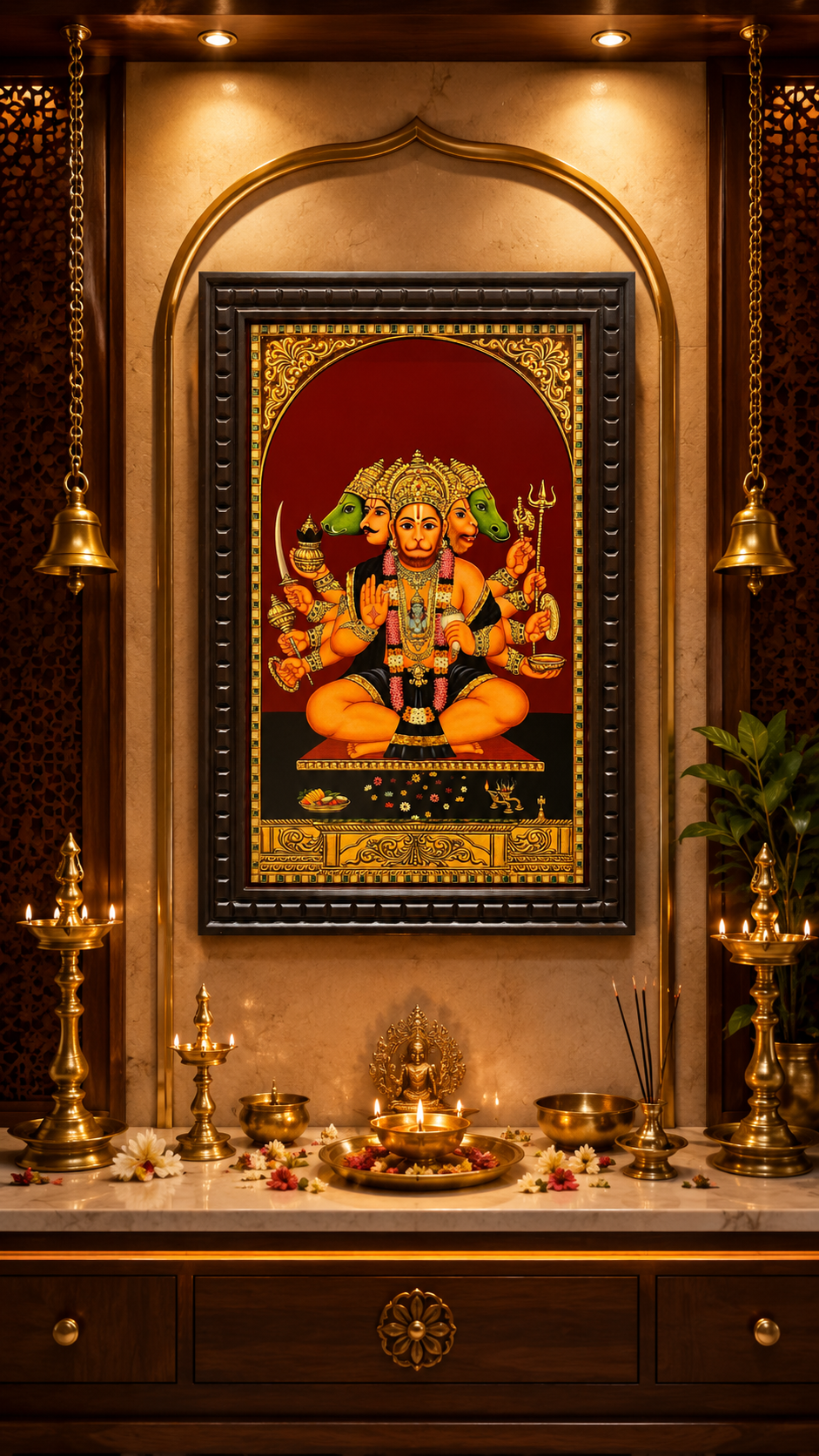 Panchamukhi Hanuman Gold Leaf Art | Premium Engineer Wooden Frame Wall Decor by ESTUDIO