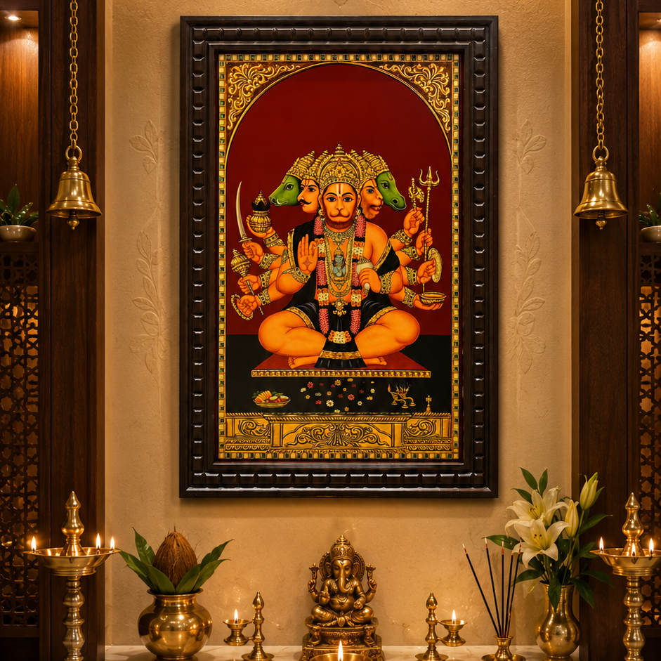 Panchamukhi Hanuman Gold Leaf Art | Premium Engineer Wooden Frame Wall Decor by ESTUDIO