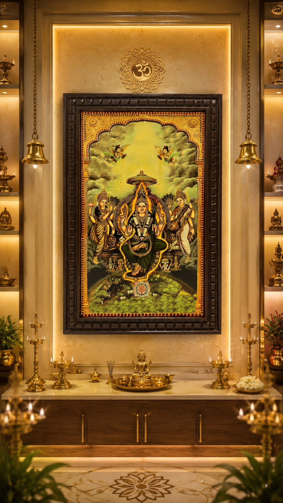 Tripura Sundari Gold Leafed Art With Wooden Frame-1 (Green)