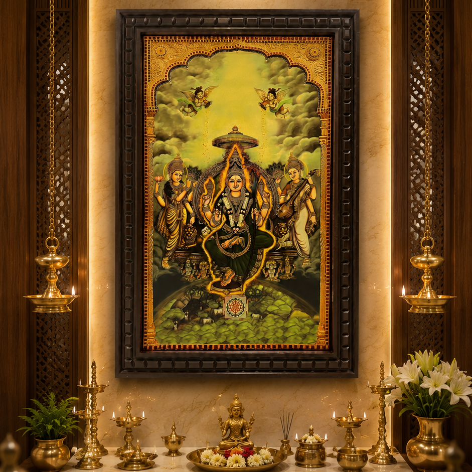 Tripura Sundari Gold Leafed Art With Wooden Frame-1 (Green)