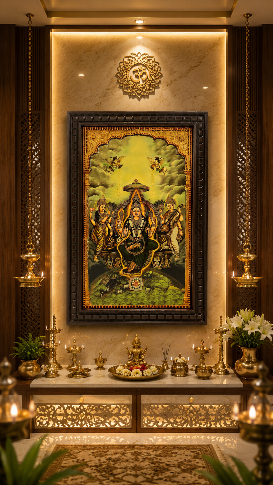 Tripura Sundari Gold Leafed Art With Wooden Frame-1 (Green)