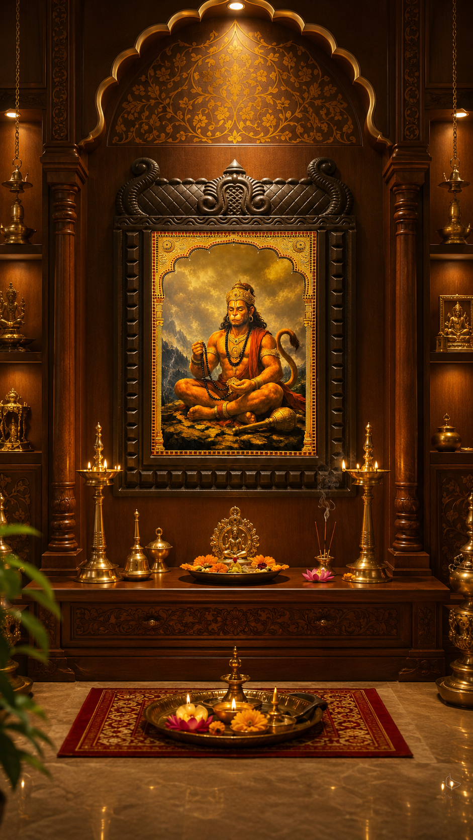 Hanuman Gold Leaf Art with Temple Style Engineered Wooden Frame