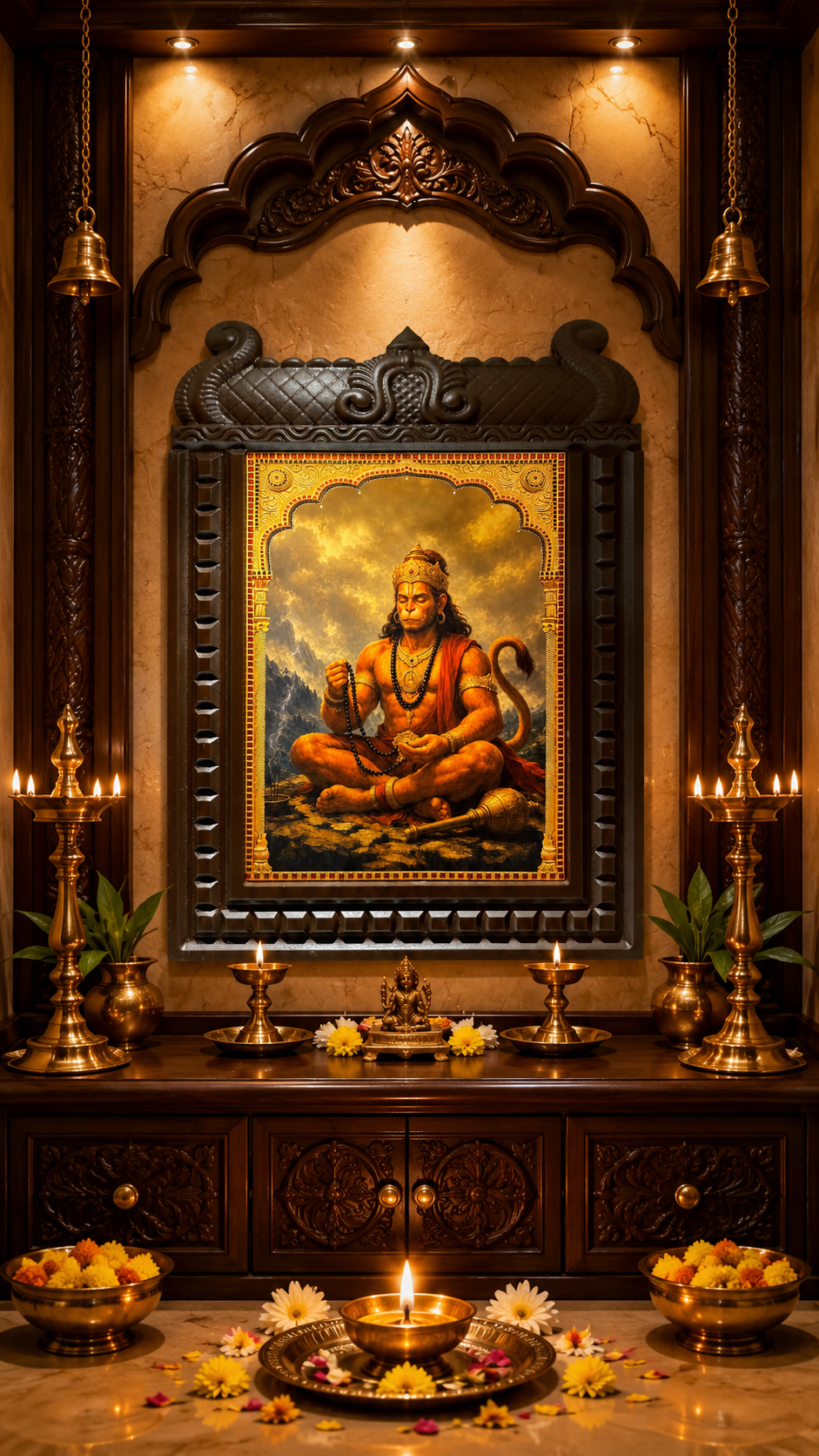 Hanuman Gold Leaf Art with Temple Style Engineered Wooden Frame