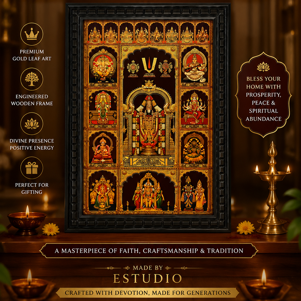 Tirupati Balaji with 9 Divine Gods & Ashtalakshmi Gold Leaf Art | Premium Engineered Wooden Frame