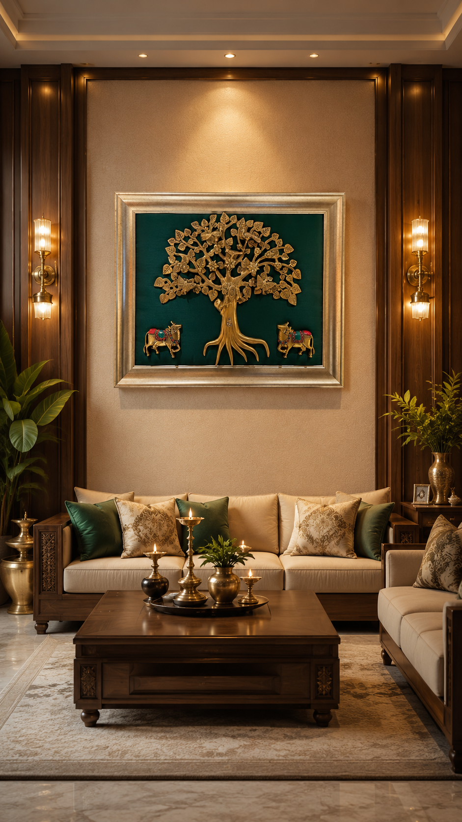 Brass Kalpavriksha with Pair Kamadhenus | Green Silk Backdrop | Premium Rising Frame by ESTUDIO
