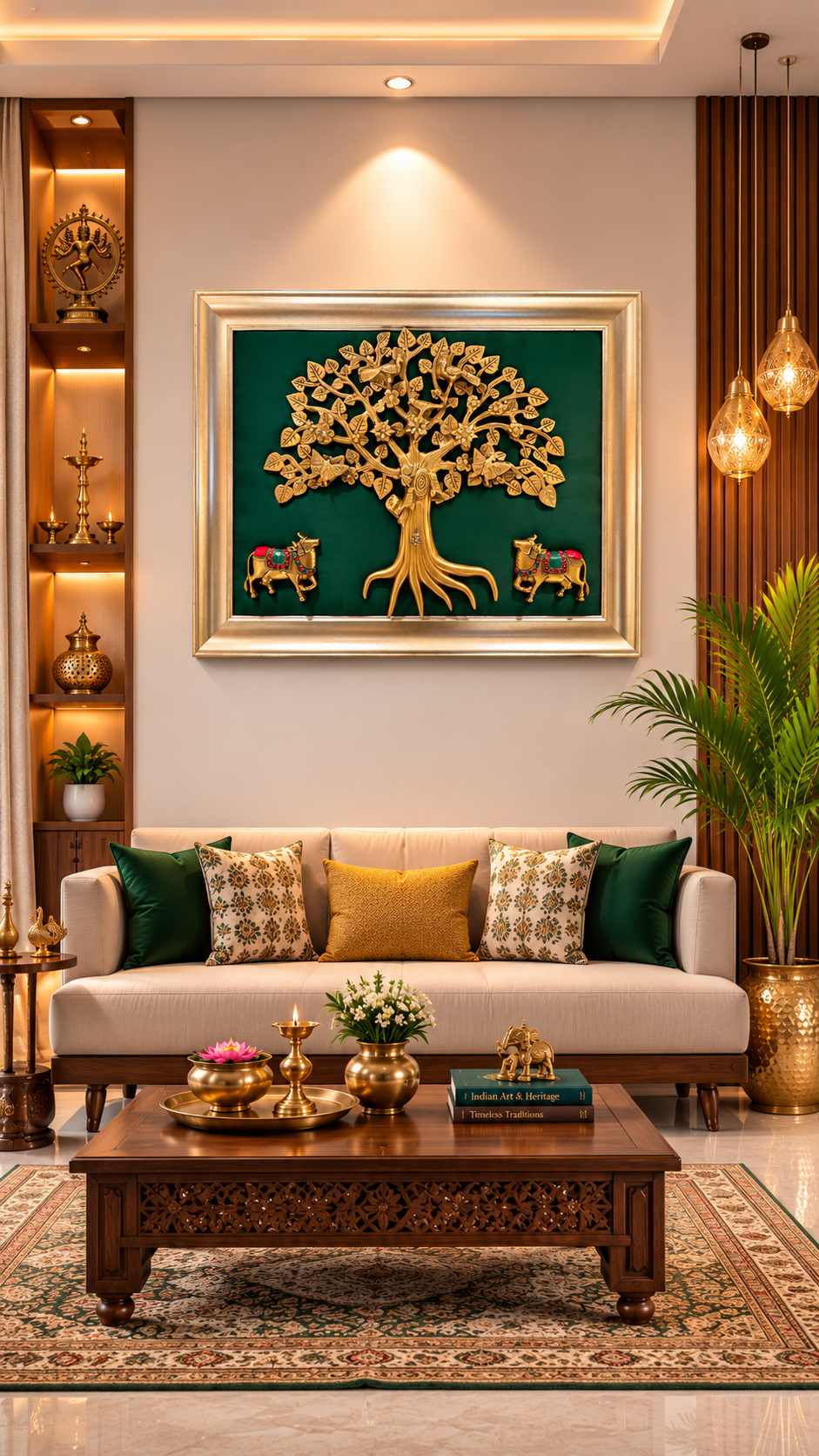 Brass Kalpavriksha with Pair Kamadhenus | Green Silk Backdrop | Premium Rising Frame by ESTUDIO