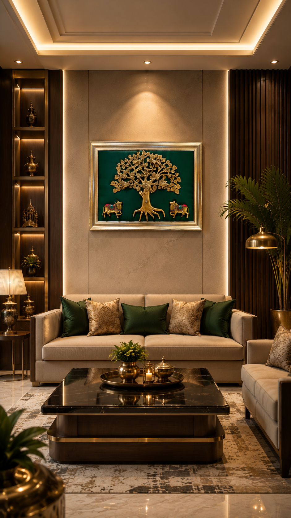 Brass Kalpavriksha with Pair Kamadhenus | Green Silk Backdrop | Premium Rising Frame by ESTUDIO