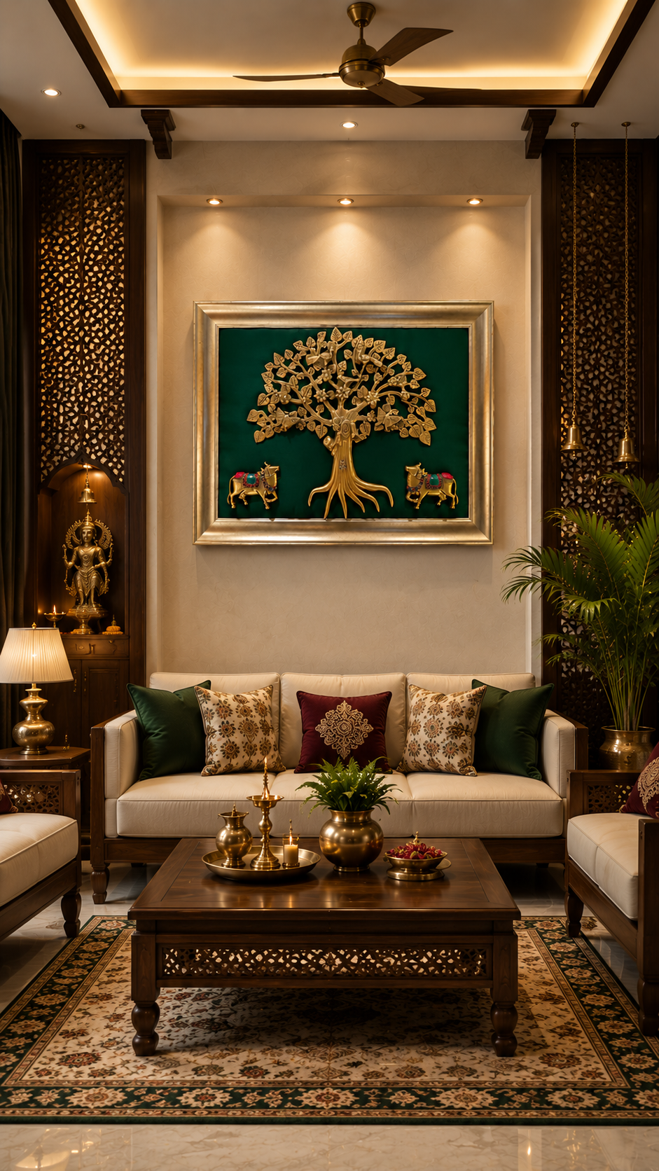 Brass Kalpavriksha with Pair Kamadhenus | Green Silk Backdrop | Premium Rising Frame by ESTUDIO