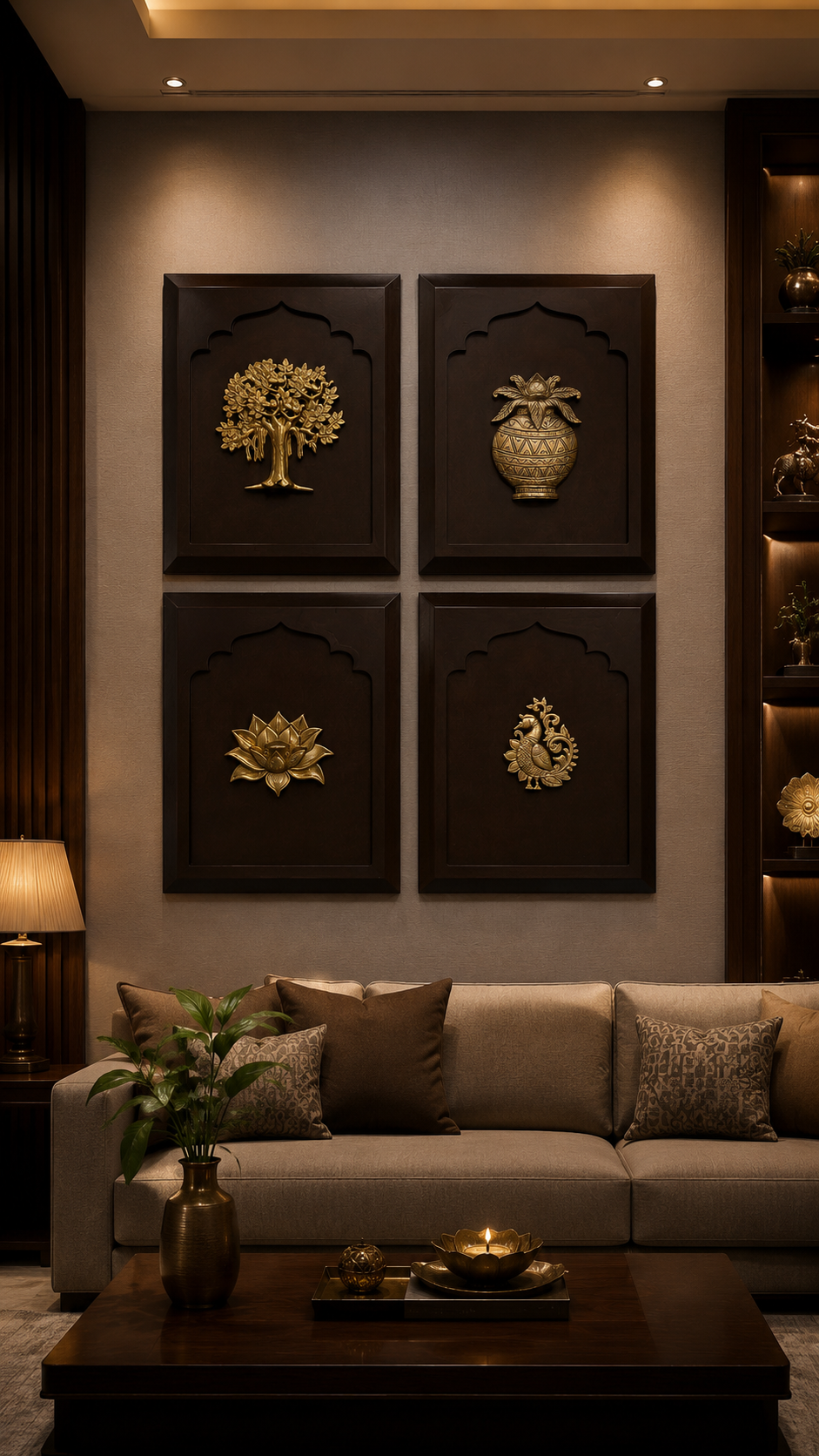 Brass Wall Art Set of 4 with Premium Engineer Wooden Frame