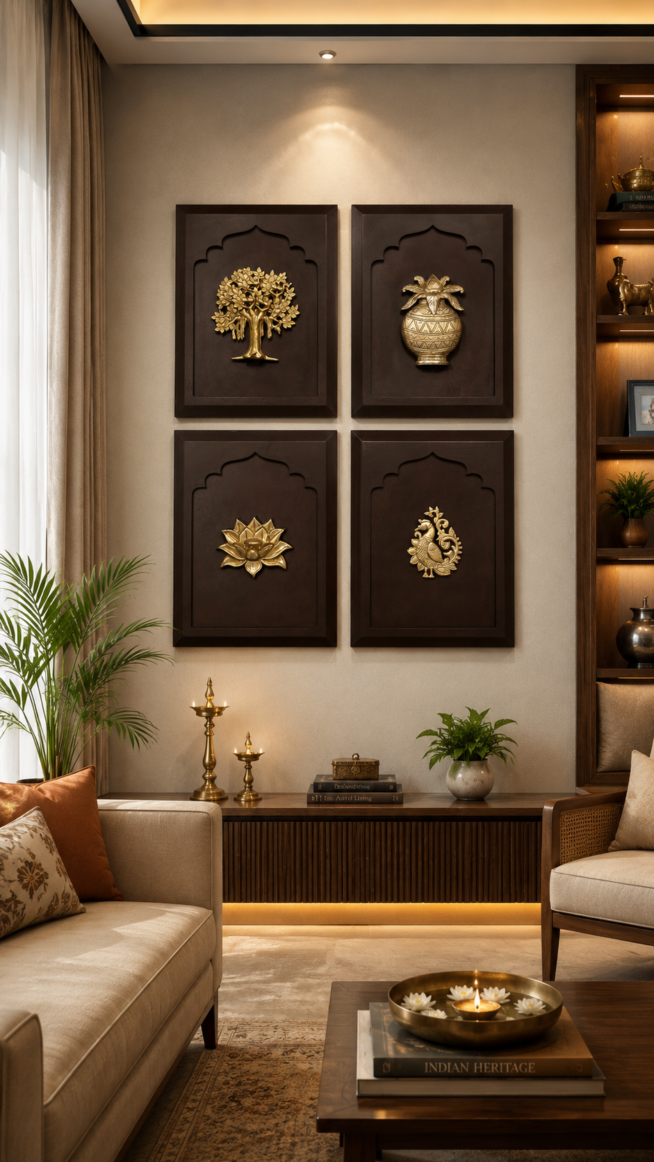 Brass Wall Art Set of 4 with Premium Engineer Wooden Frame