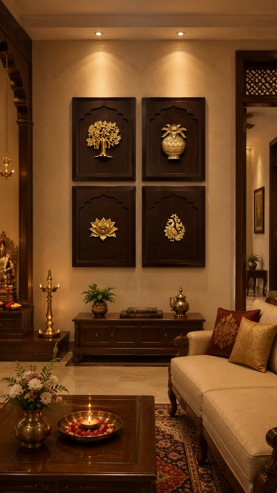 Brass Wall Art Set of 4 with Premium Engineer Wooden Frame