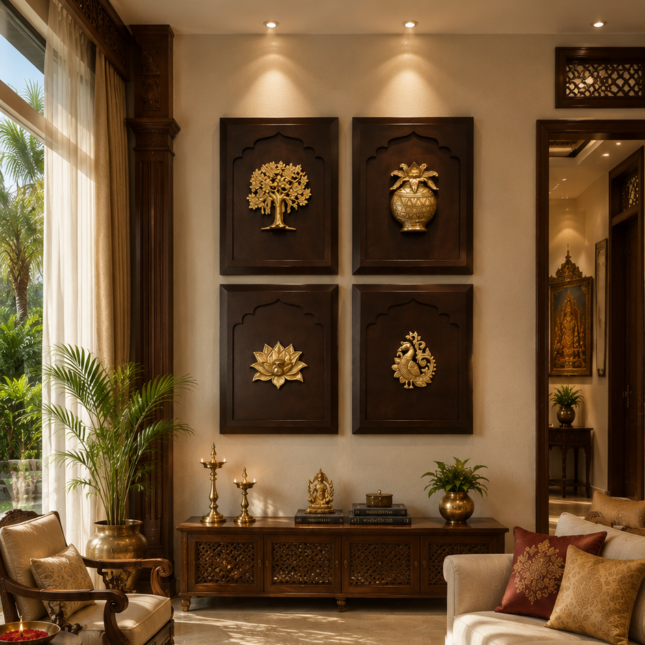 Brass Wall Art Set of 4 with Premium Engineer Wooden Frame