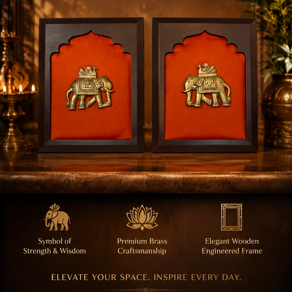 Brass Pair Elephant with peacock Wall Art
