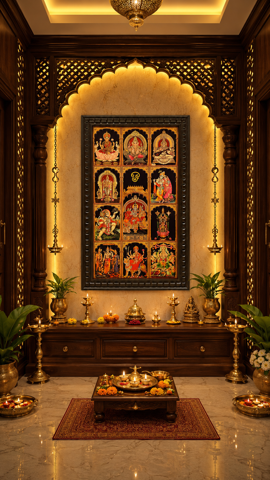 11 Gods in One Frame Gold Leaf Art Frame | Luxury Pooja Room Wall Decor By ESTUDIO.