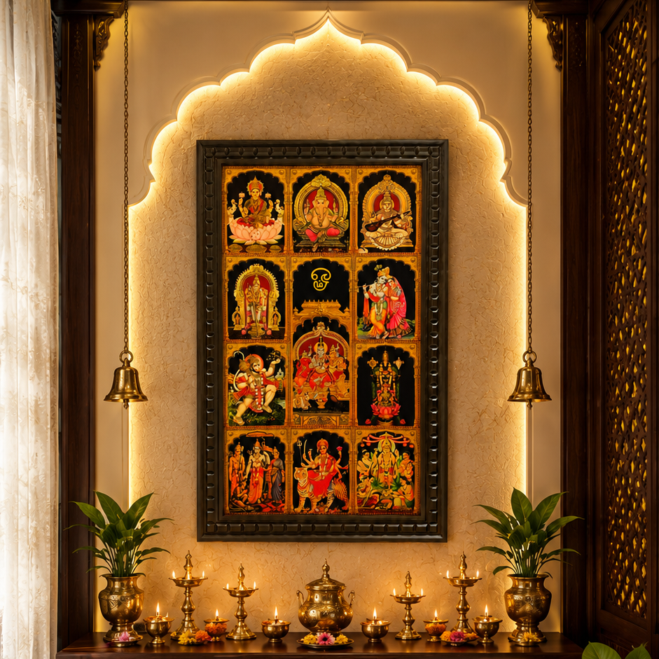 11 Gods in One Frame Gold Leaf Art Frame | Luxury Pooja Room Wall Decor By ESTUDIO.