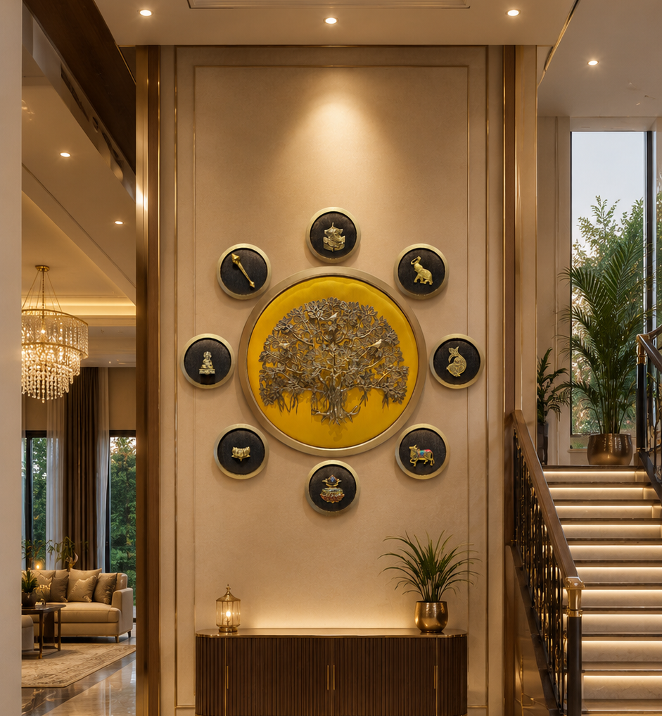 Brass Kalpavriksha Wall Art with 8 Traditional Brass Elements | Luxury Vastu & Home Decor by ESTUDIO