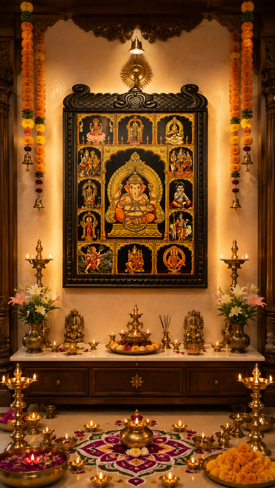 13 Gods in One Frame Gold Leaf Art | Temple Style Engineered Wooden Frame