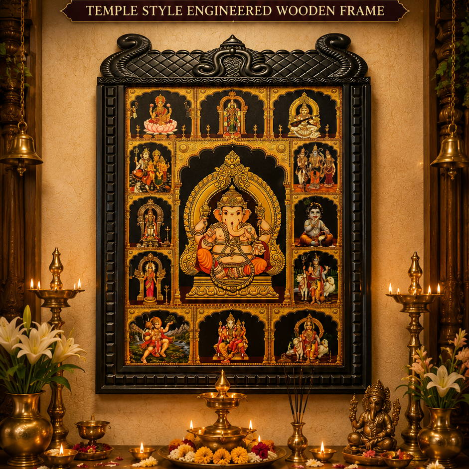 13 Gods in One Frame Gold Leaf Art | Temple Style Engineered Wooden Frame