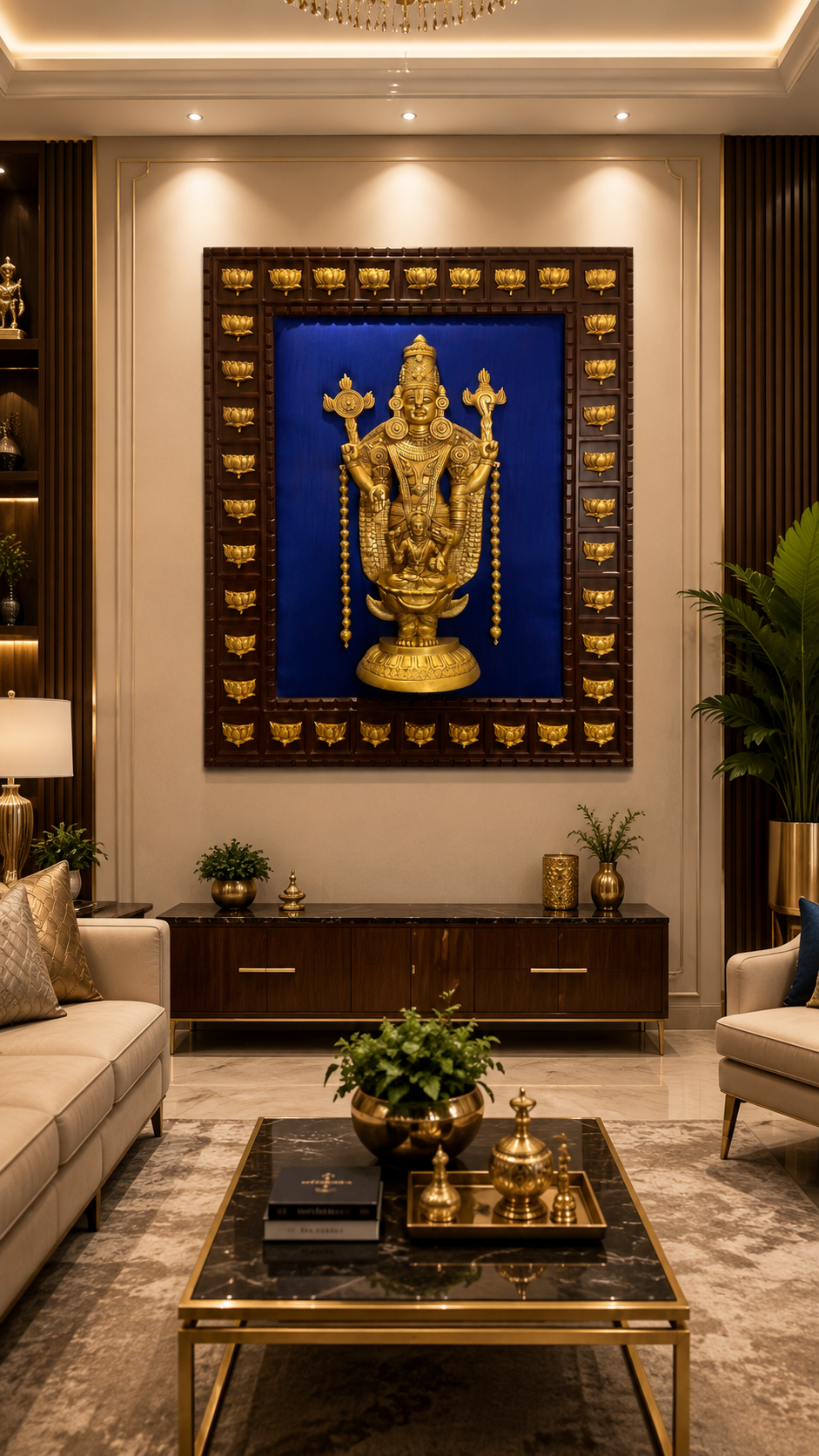 Tirupati Balaji Wall Art | Blue Silk Backdrop with 36 Brass Lotus | 37 x 47 Inches