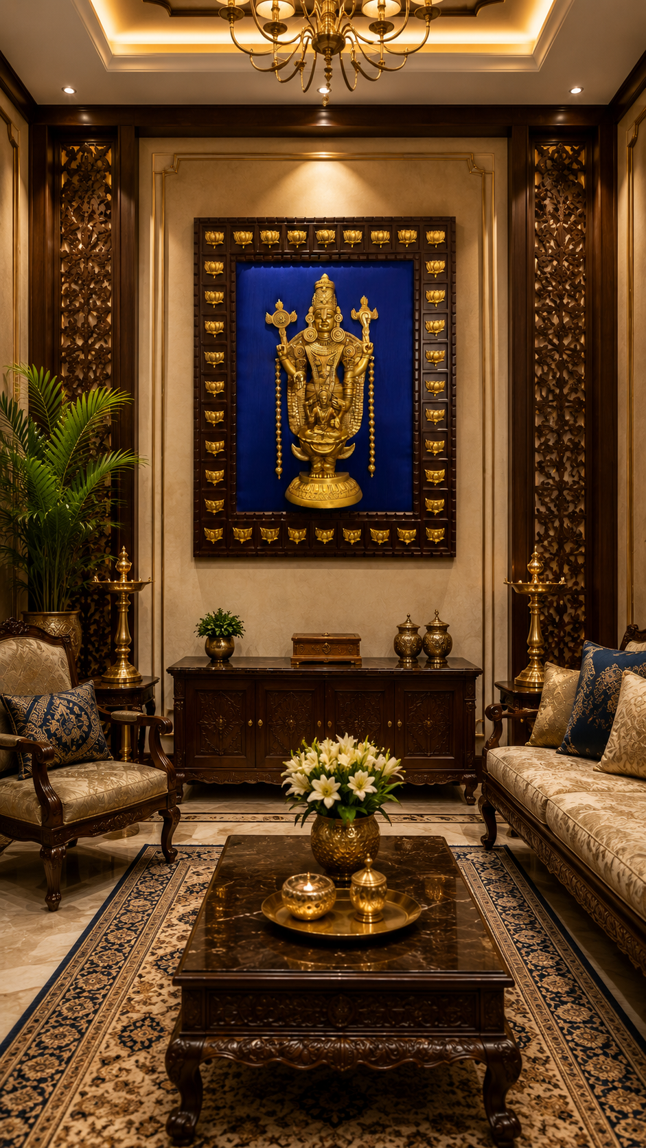 Tirupati Balaji Wall Art | Blue Silk Backdrop with 36 Brass Lotus | 37 x 47 Inches