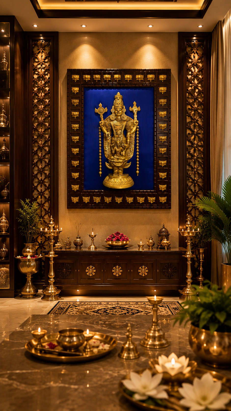 Tirupati Balaji Wall Art | Blue Silk Backdrop with 36 Brass Lotus | 37 x 47 Inches