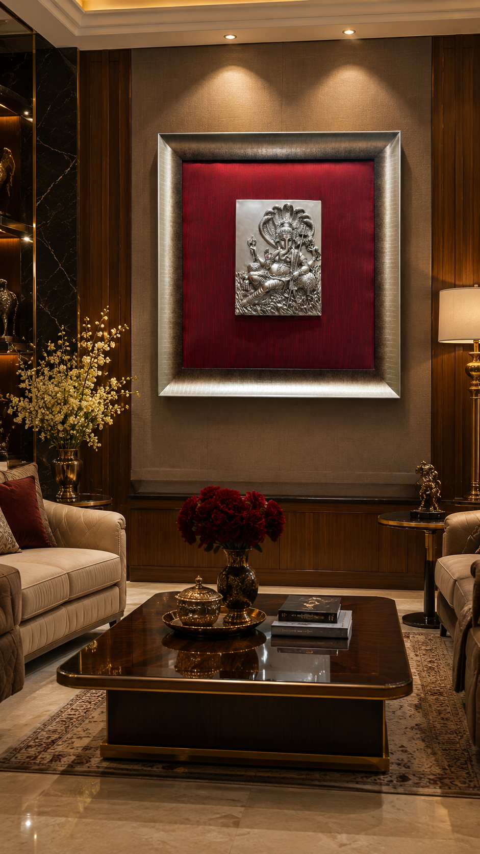 92.5 Sterling Silver Ganesha Wall Art | Premium Wine Red Silk Frame