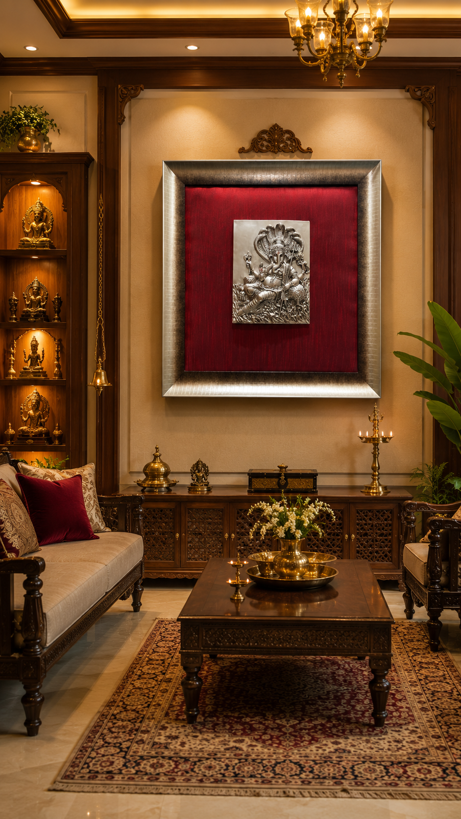 92.5 Sterling Silver Ganesha Wall Art | Premium Wine Red Silk Frame