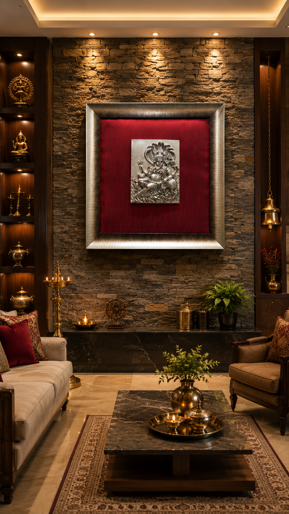 92.5 Sterling Silver Ganesha Wall Art | Premium Wine Red Silk Frame