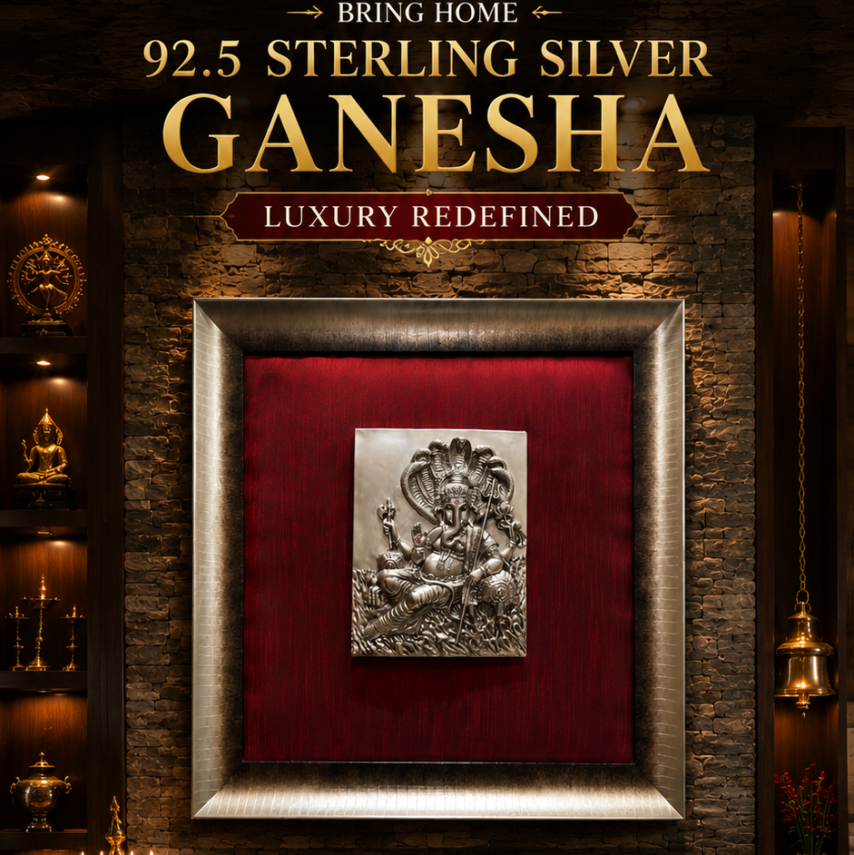 92.5 Sterling Silver Ganesha Wall Art | Premium Wine Red Silk Frame