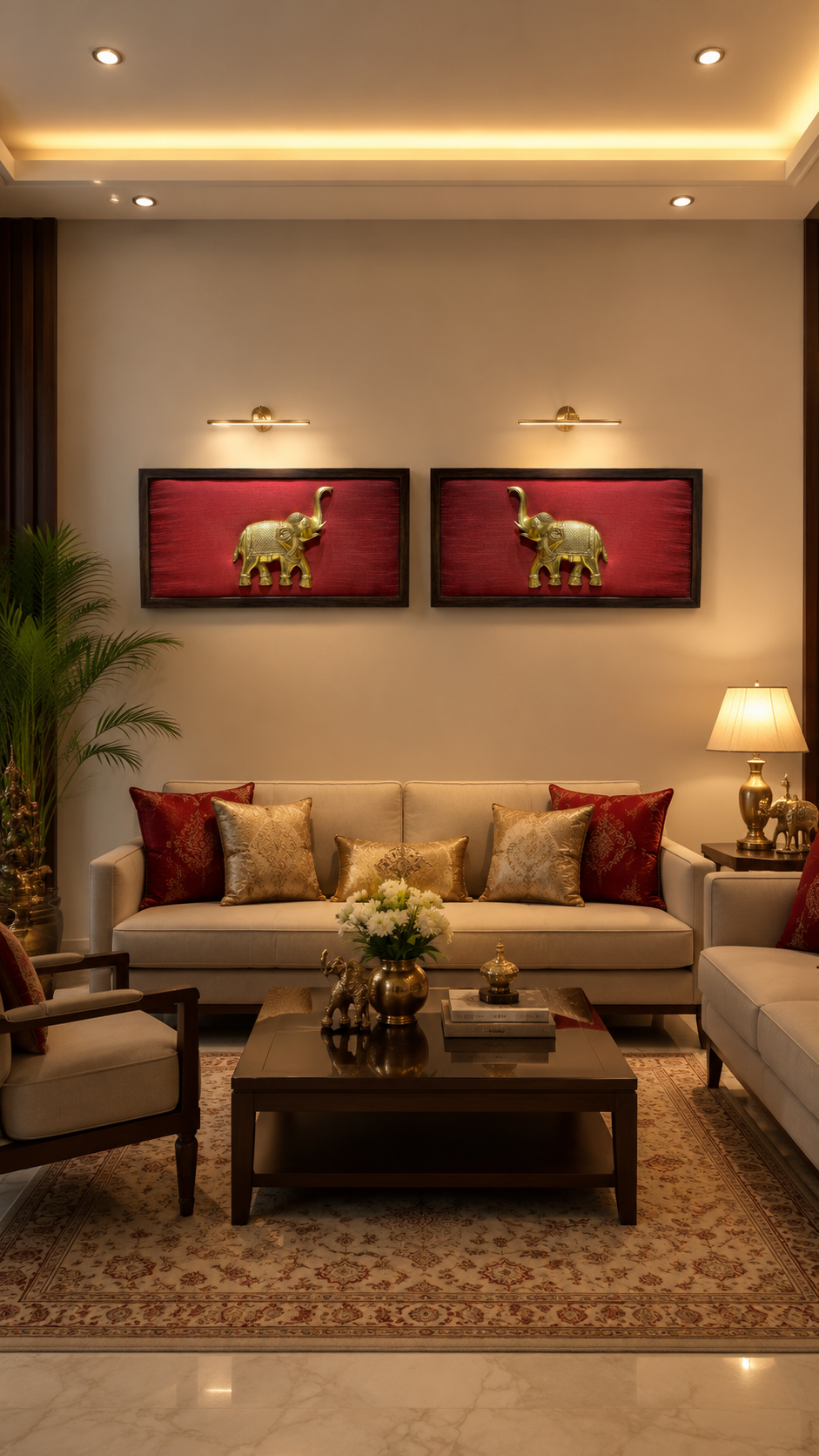 Set of 2 Brass Trunk Elephant Wall Art on Rich Red Silk | Premium Engineered Wooden Frame | ESTUDIO