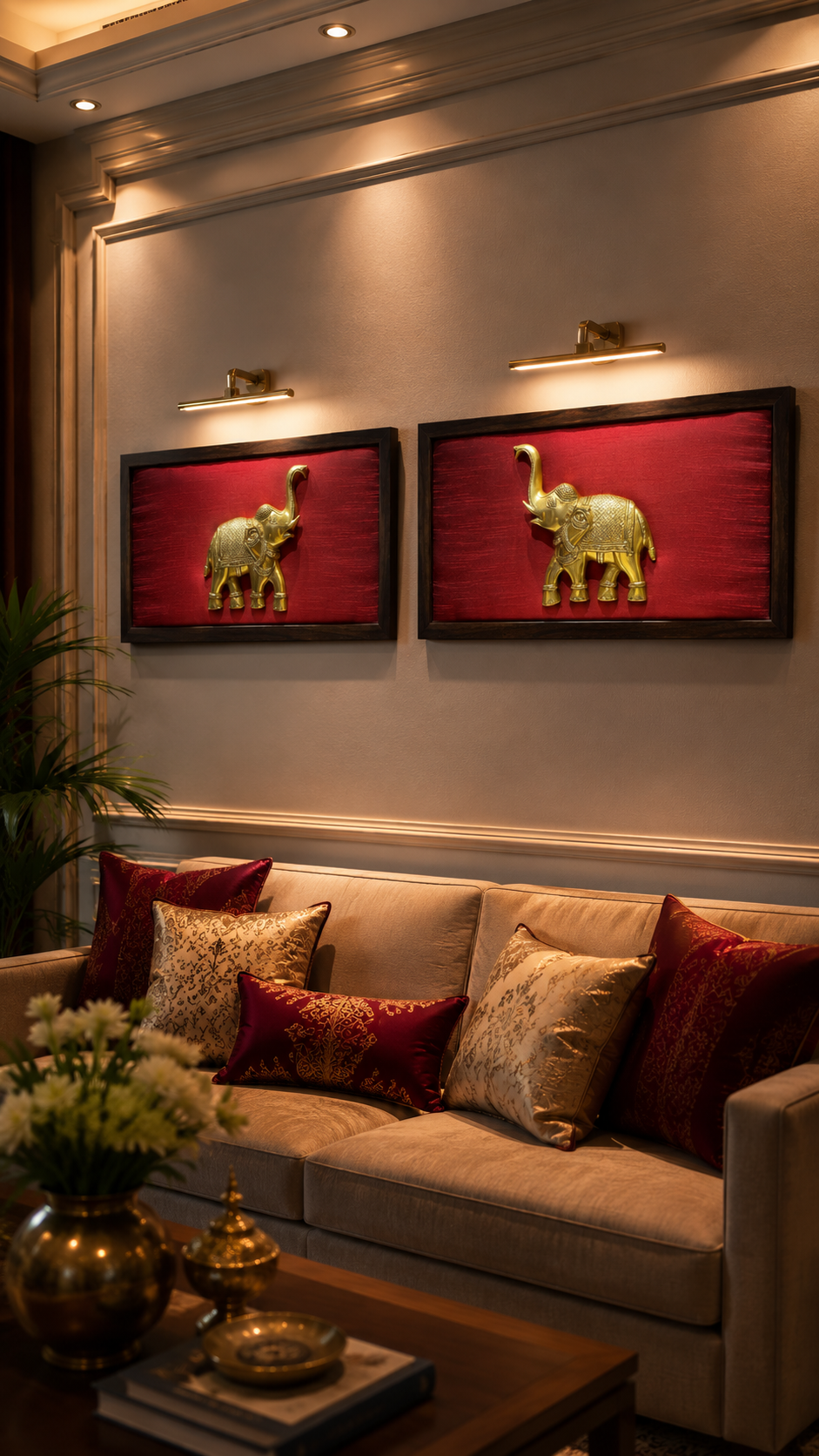 Set of 2 Brass Trunk Elephant Wall Art on Rich Red Silk | Premium Engineered Wooden Frame | ESTUDIO