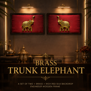Set of 2 Brass Trunk Elephant Wall Art on Rich Red Silk | Premium Engineered Wooden Frame | ESTUDIO