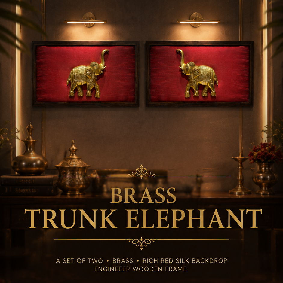 Set of 2 Brass Trunk Elephant Wall Art on Rich Red Silk | Premium Engineered Wooden Frame | ESTUDIO