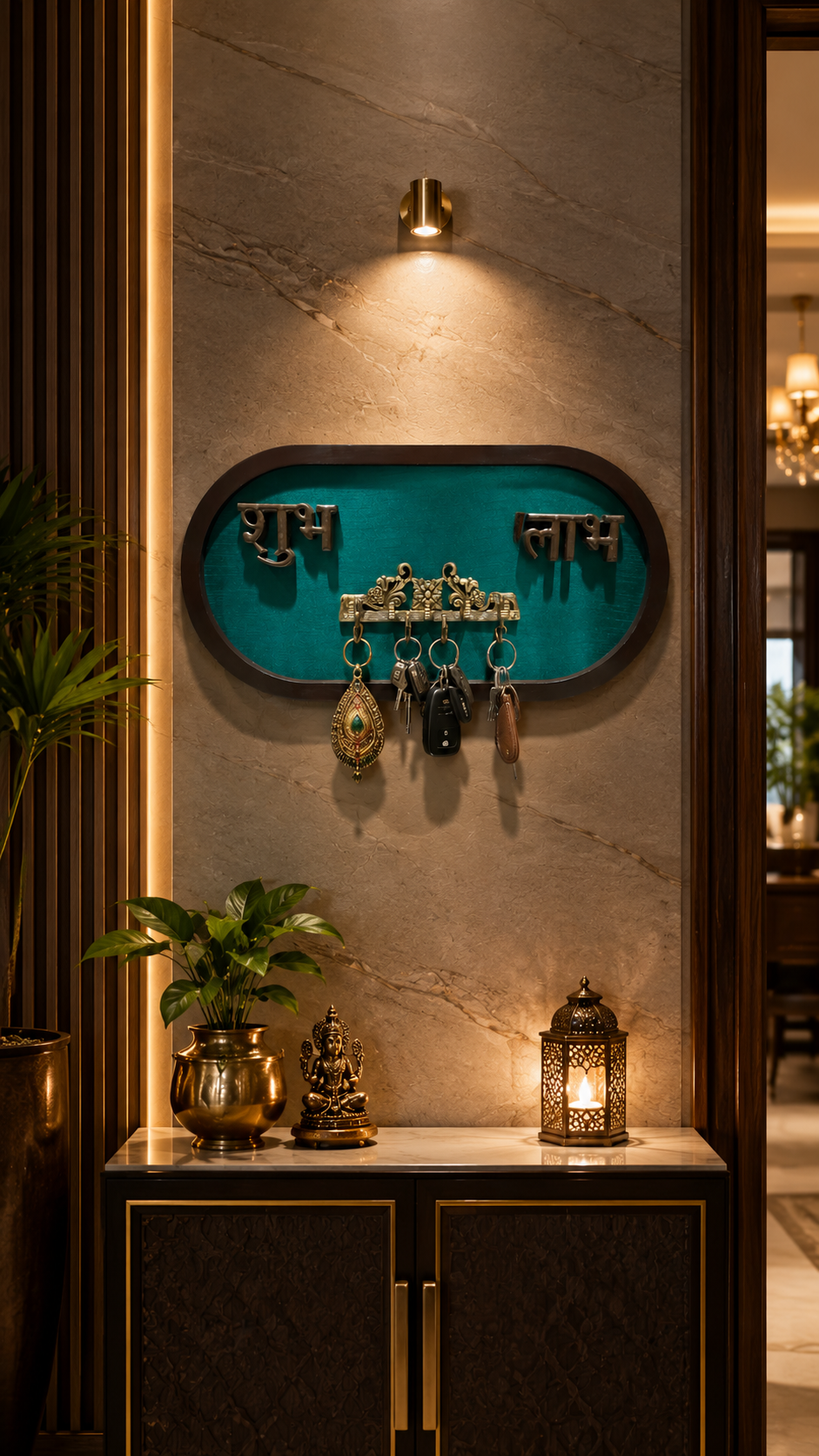 Luxury Brass Shubh Labh Key Hanger with Rama Green Silk Backdrop