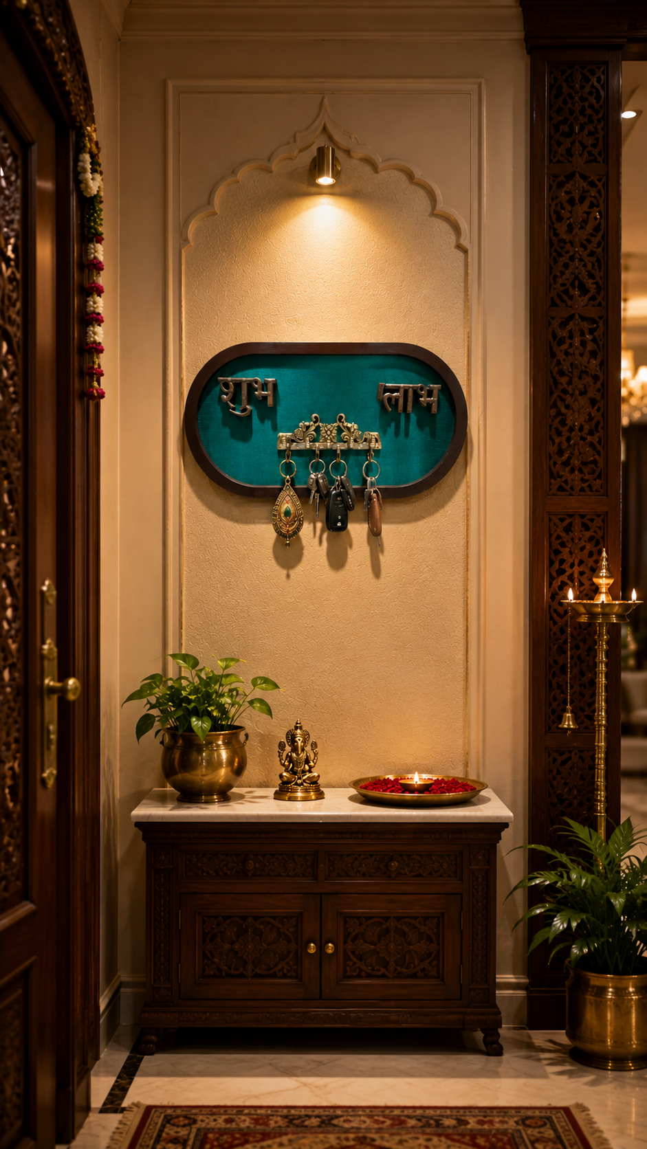 Luxury Brass Shubh Labh Key Hanger with Rama Green Silk Backdrop