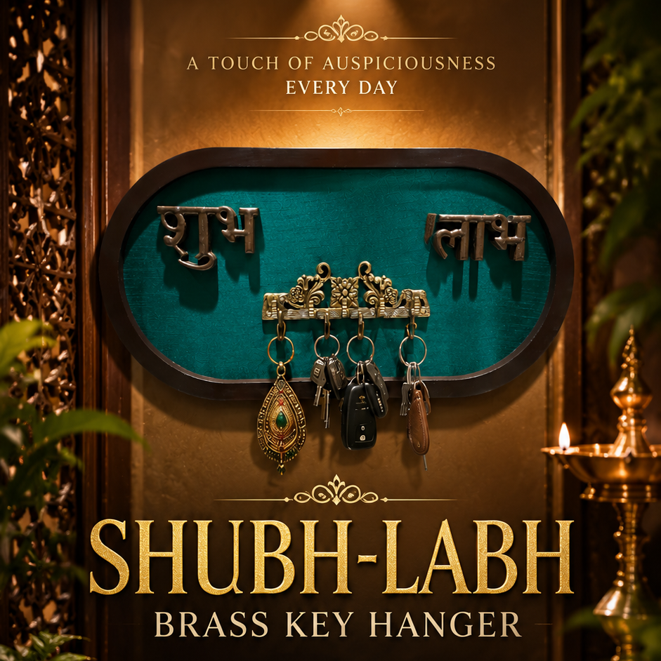 Luxury Brass Shubh Labh Key Hanger with Rama Green Silk Backdrop