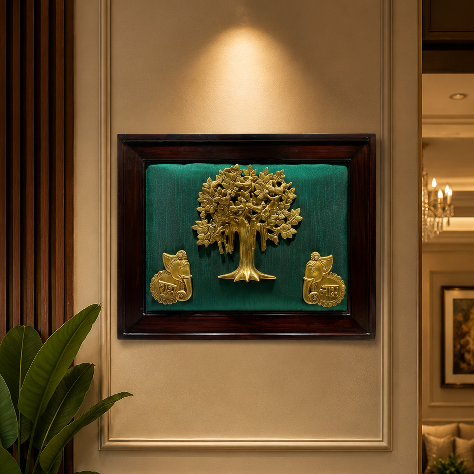 Brass Kalpavriksha Tree with Elephant Shubh Labh Wall Art