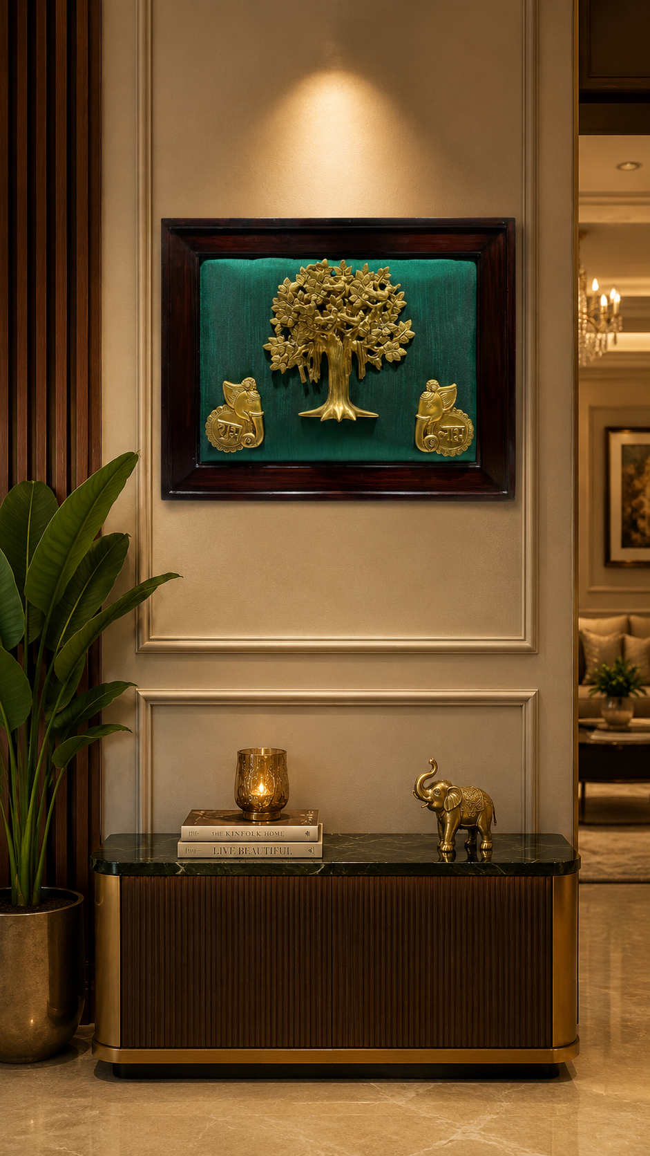 Brass Kalpavriksha Tree with Elephant Shubh Labh Wall Art