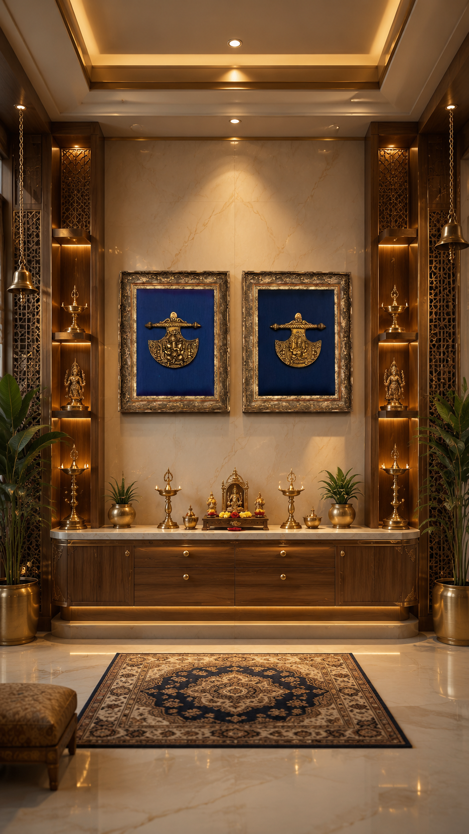 Brass Ganesha & Lakshmi Wall Art Set | Royal Blue Silk Backdrop with Antique Rising Frame