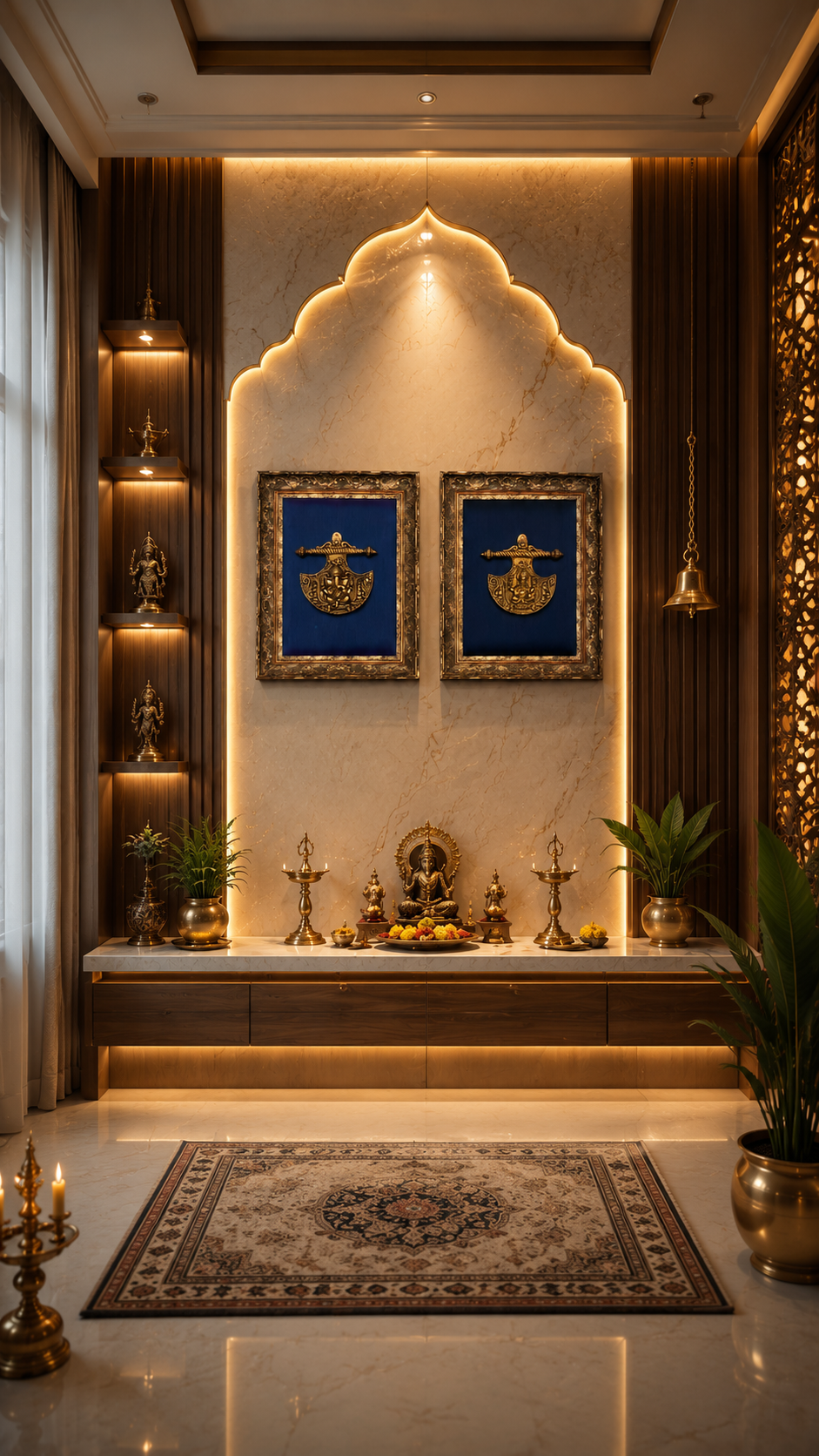 Brass Ganesha & Lakshmi Wall Art Set | Royal Blue Silk Backdrop with Antique Rising Frame