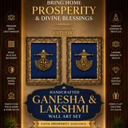 Brass Ganesha & Lakshmi Wall Art Set | Royal Blue Silk Backdrop with Antique Rising Frame