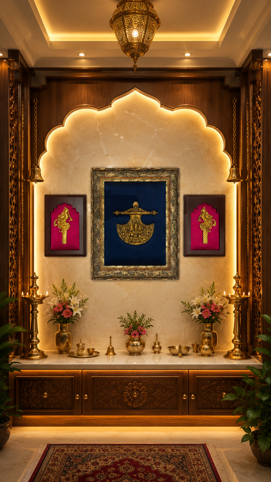 Brass Goddess Lakshmi Wall Art with Brass Parrot Pair | Blue Silk & Pink Silk Backdrop | Premium Wooden Frame