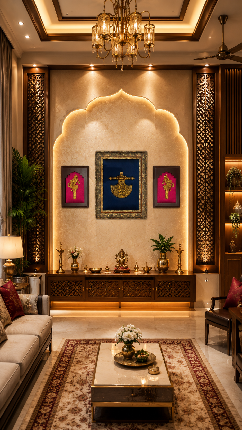 Brass Goddess Lakshmi Wall Art with Brass Parrot Pair | Blue Silk & Pink Silk Backdrop | Premium Wooden Frame