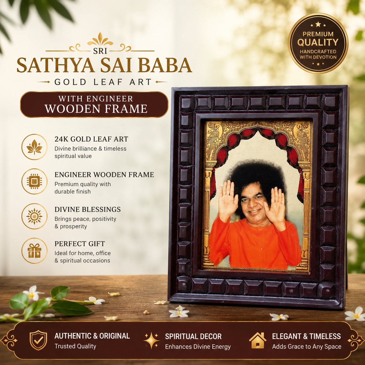 Sri Sathya Sai Baba Gold Leaf Art Frame | Premium Engineered Wooden Frame