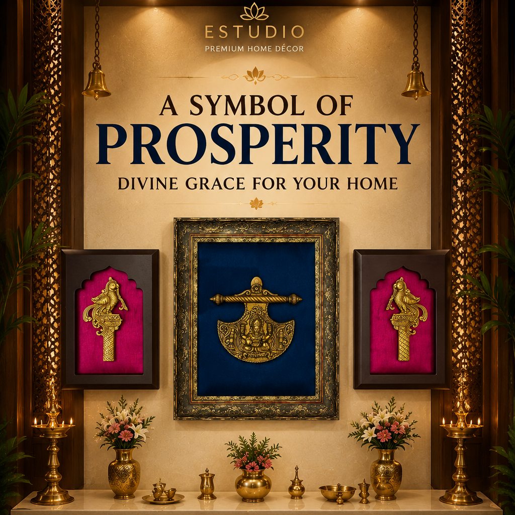 Brass Goddess Lakshmi Wall Art with Brass Parrot Pair | Blue Silk & Pink Silk Backdrop | Premium Wooden Frame