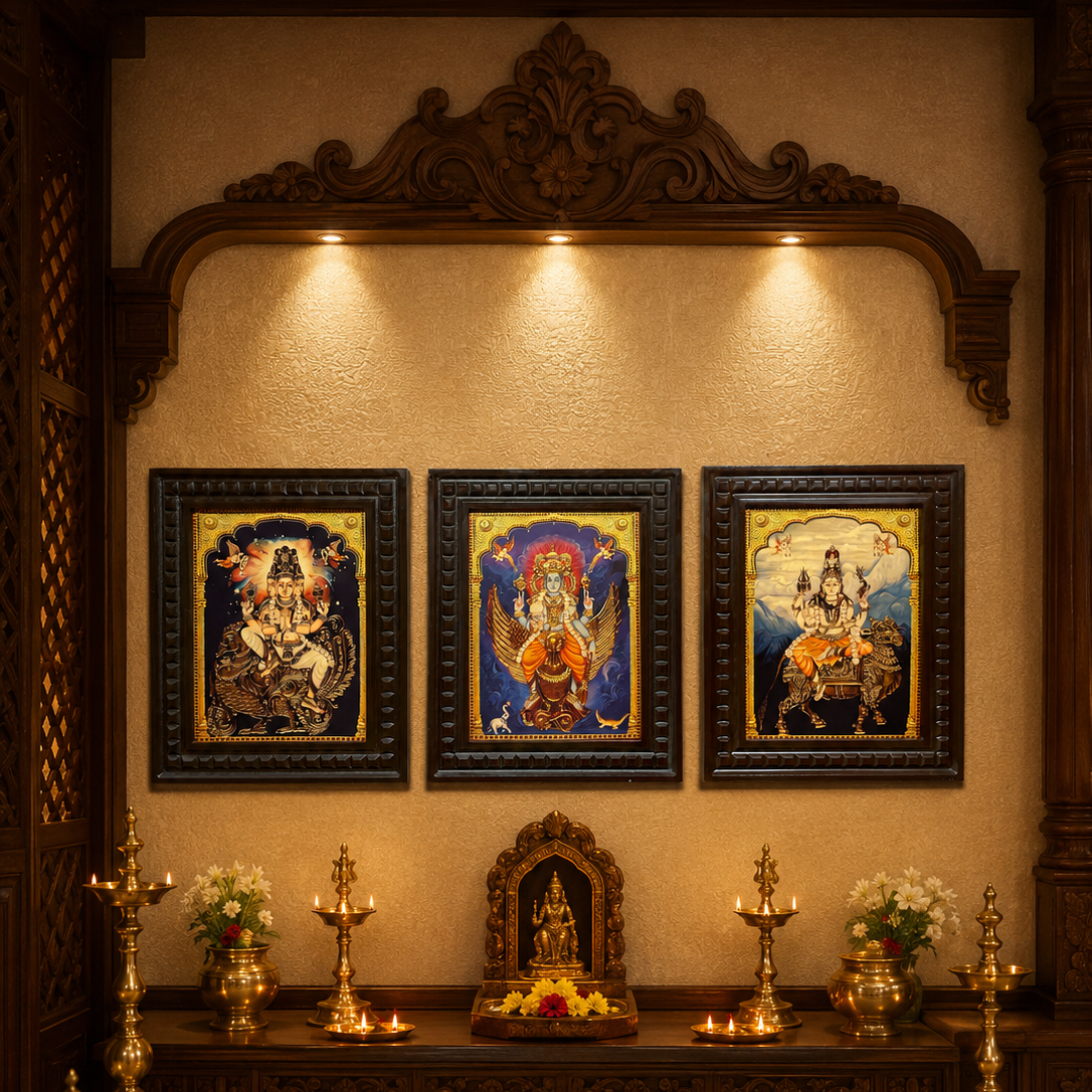 Brahma Vishnu Maheshwara Gold Leaf Art